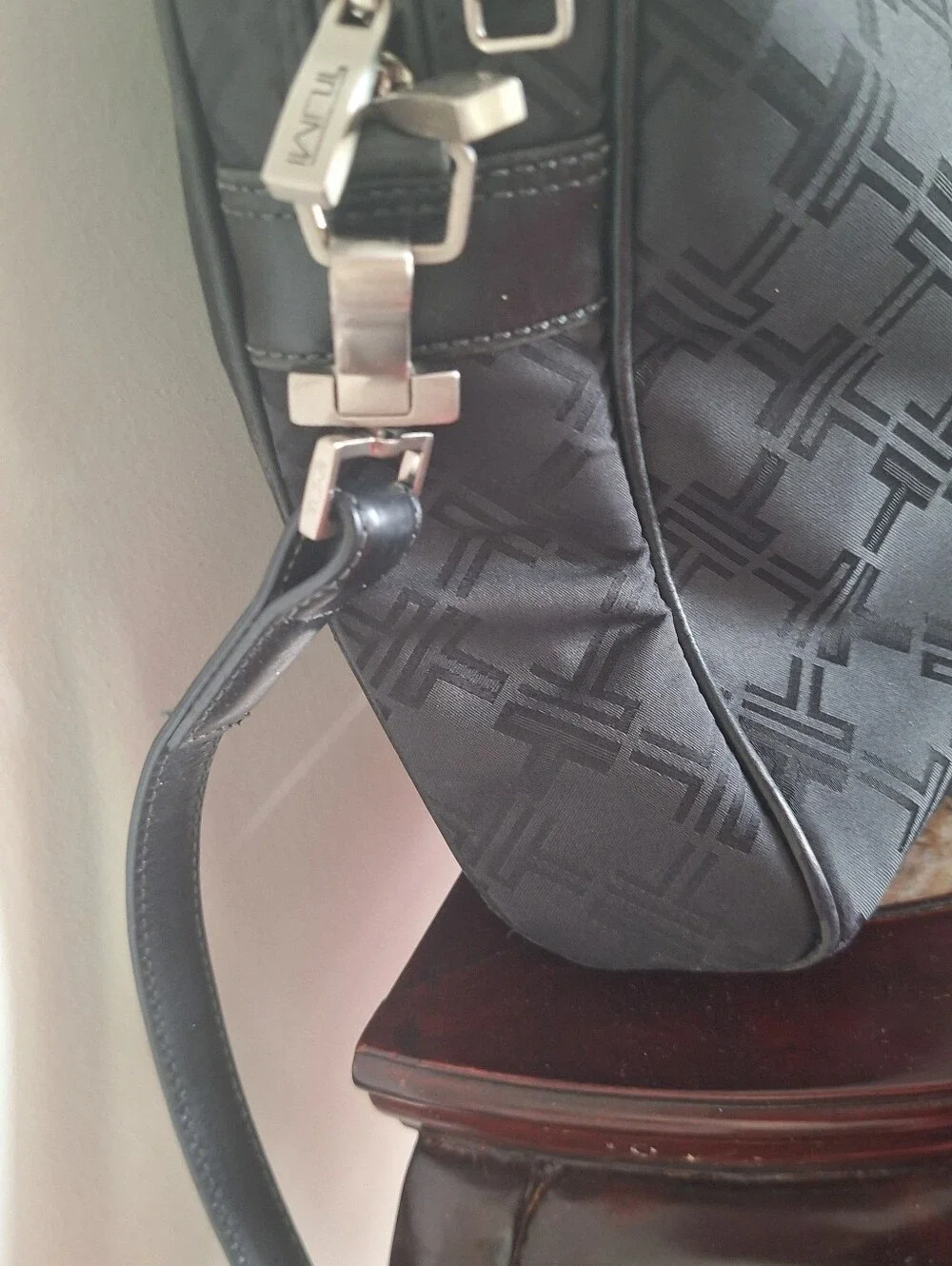 Tumi Black Quilted Logo Laptop Tote with Leather Handles
